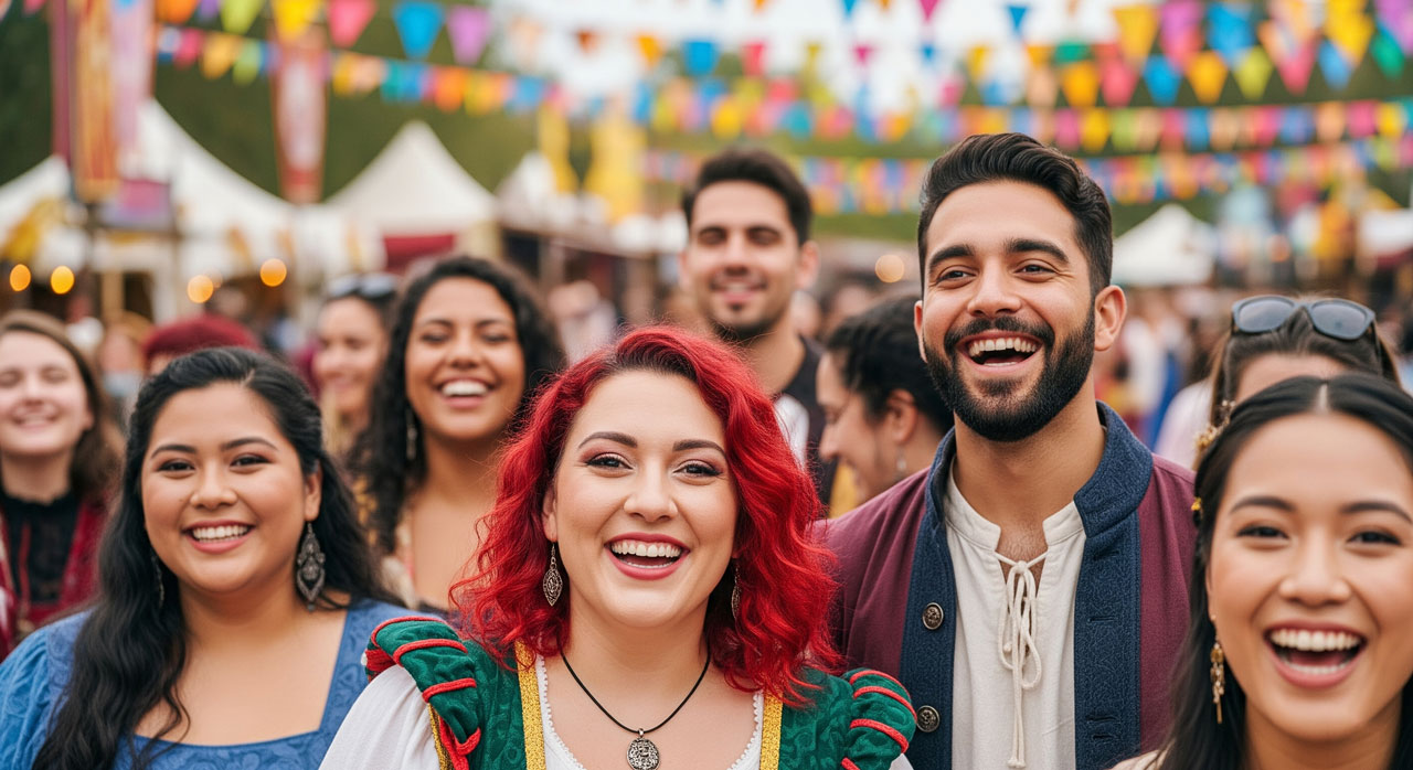 A group of people in colorful costumes smile and laugh at an outdoor festival with festive bunting and tents in the background.