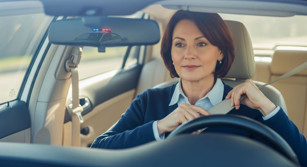 A woman sitting in a car fastens her seatbelt, with a police car displaying flashing lights visible in the rearview mirror behind her.