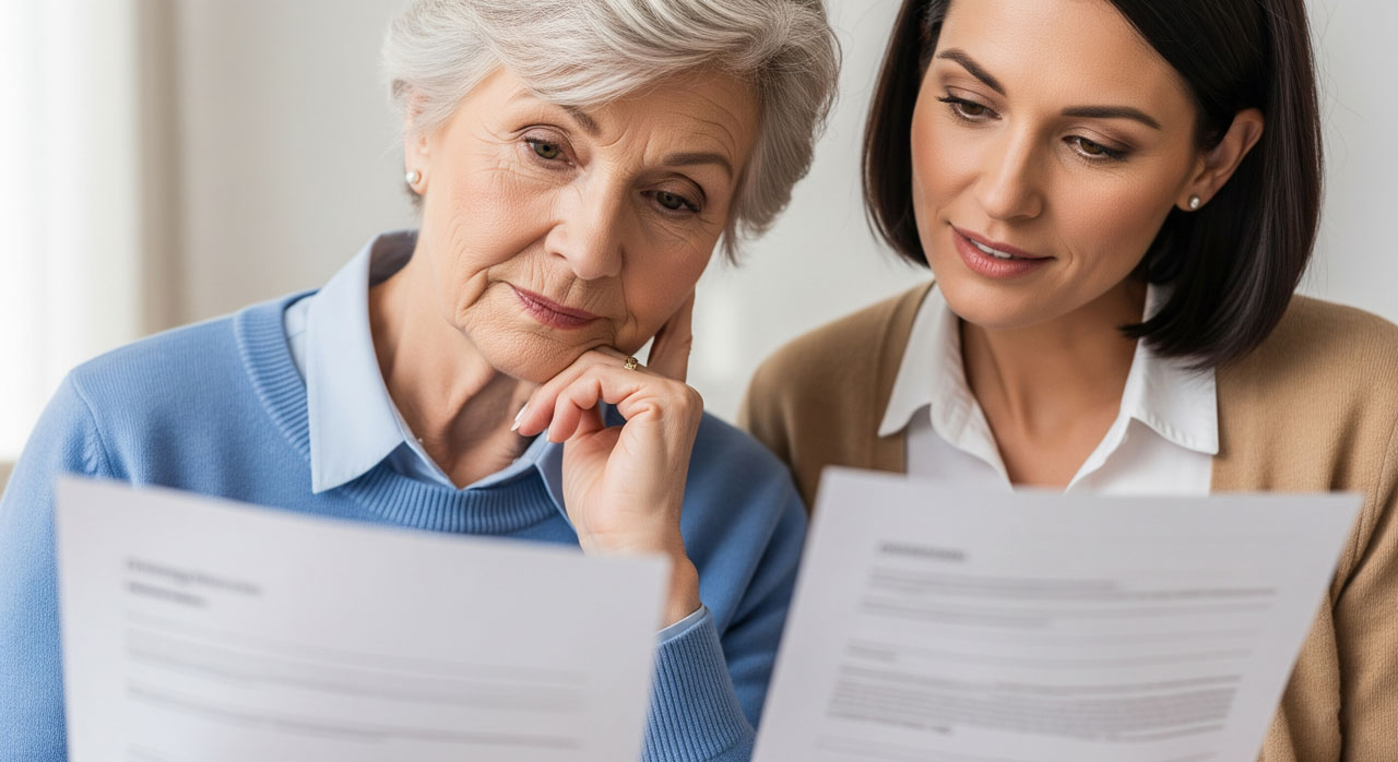 Two women, one older with gray hair and one younger with dark hair, sit closely together reviewing documents. Both look focused and thoughtful as they read the papers in a bright indoor setting.