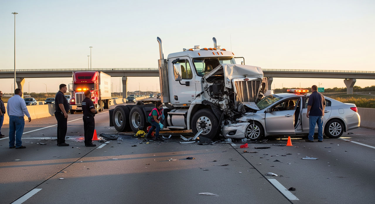 A large semi-truck has crashed into the rear of a silver car on a highway. Debris is scattered on the road, several people and emergency responders are at the scene, and traffic is backed up with a red truck nearby.