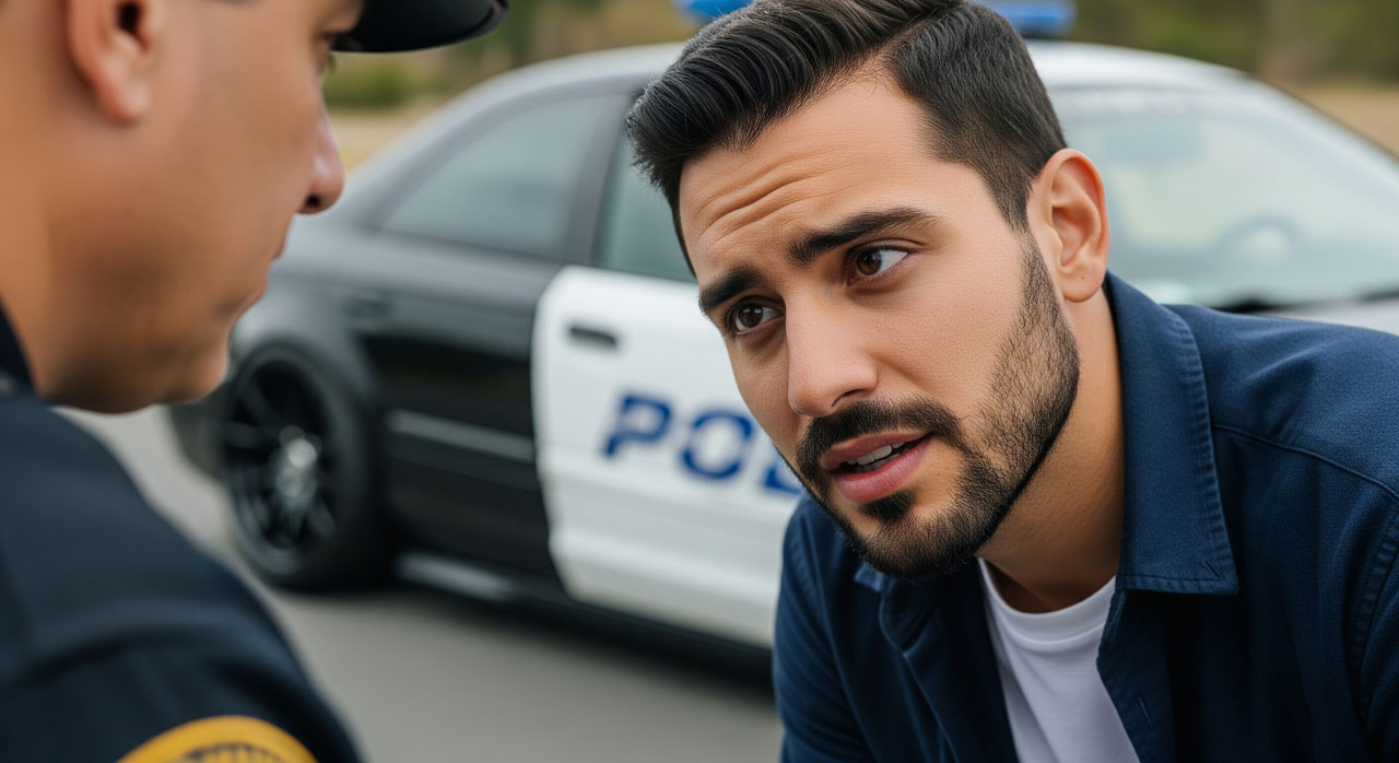 A concerned man speaks with a police officer outside, with a police car parked in the background on a street.