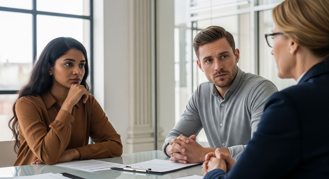 Two people, a woman and a man, sit at a table attentively listening to another woman in glasses, who faces them while speaking during a serious conversation or meeting in a bright office setting.