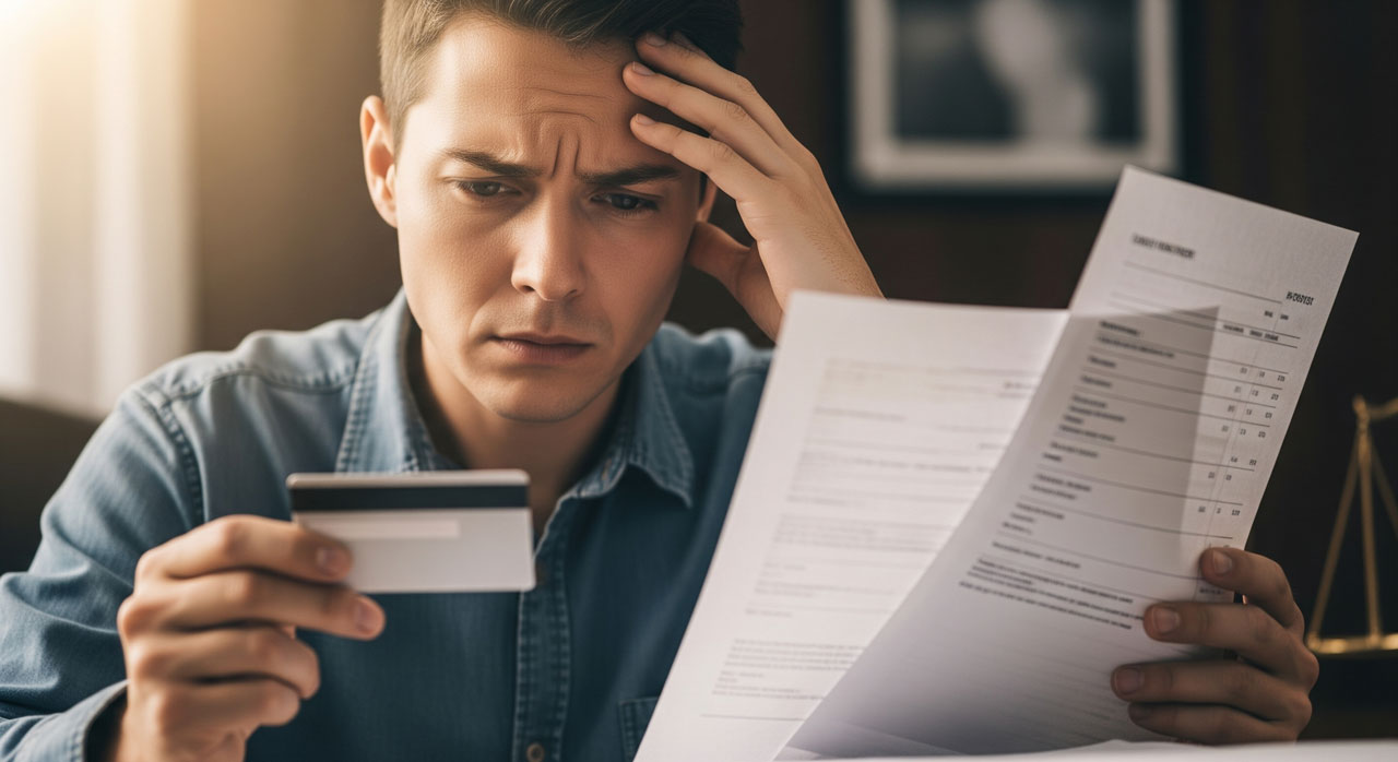 A worried man holds a credit card in one hand and examines bills or financial statements in the other, appearing stressed about his finances while sitting at a table.