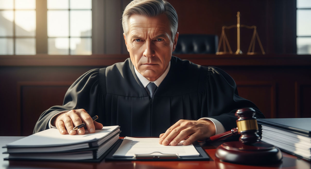 A stern judge sits at his desk in a courtroom, surrounded by legal documents, with a gavel and scales of justice beside him. Sunlight streams through large windows in the background.