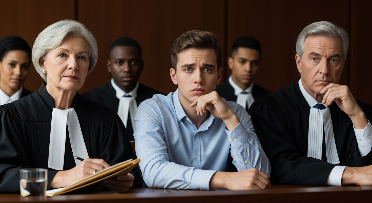 A young man sits between two older adults in judicial robes at a courtroom table, looking concerned. Other people are seated behind them, listening intently. The setting is formal and serious.