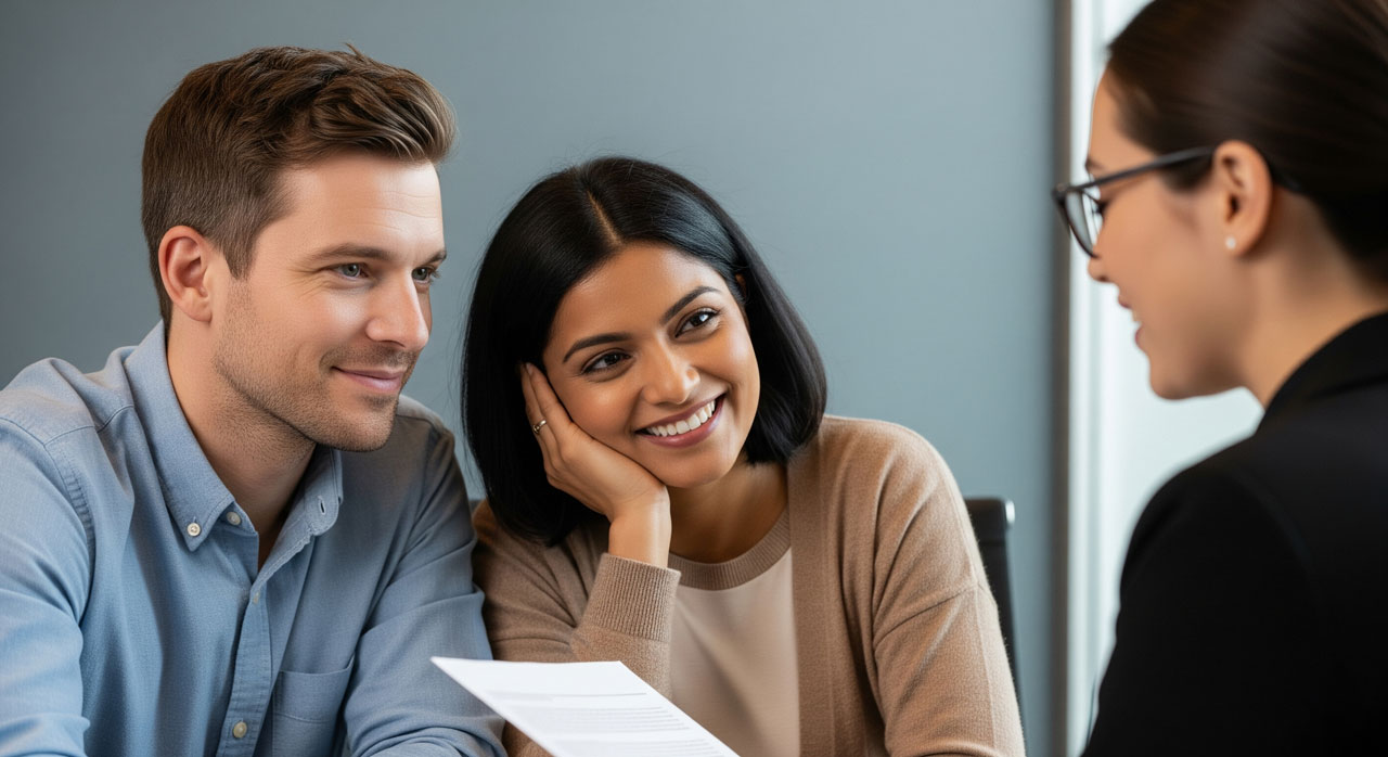 A smiling couple sits across a table from a business professional holding a document, engaged in a friendly conversation in a modern office setting.
