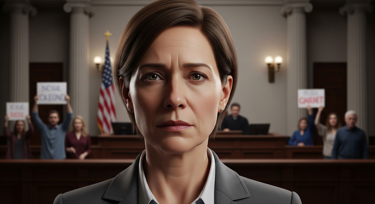 A serious woman in professional attire stands in a courtroom, with an American flag and people holding protest signs in the background. The scene suggests a tense or important legal proceeding.