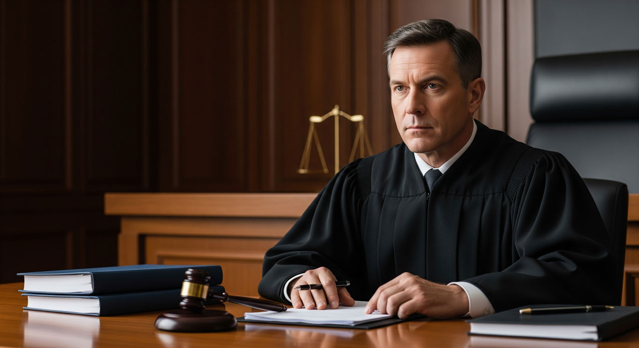A serious judge in a black robe sits at a desk in a courtroom, holding a pen and papers, with a gavel and legal books nearby and the scales of justice in the background.