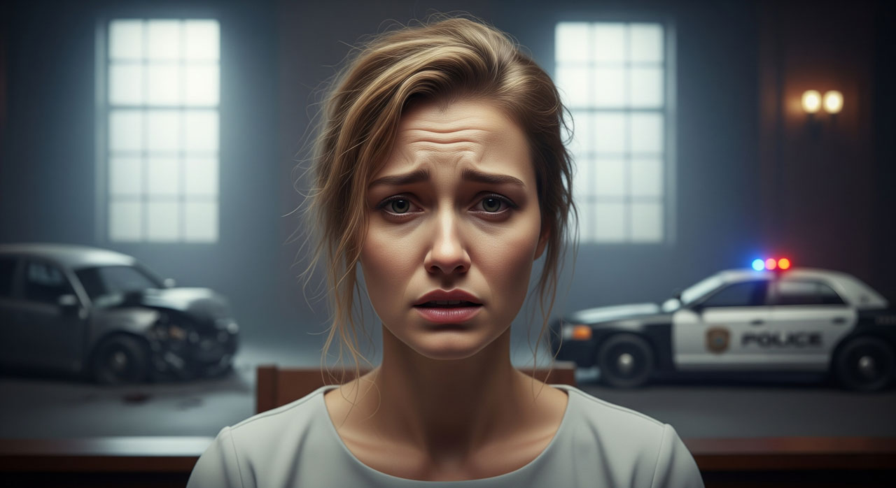 A worried woman sits indoors with a furrowed brow; behind her are a damaged car and a police car with lights on, suggesting she may be involved in or affected by an accident or investigation.