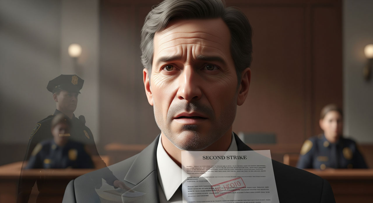 A worried man in a suit stands in a courtroom, holding a paper labeled "Second Strike" with "DENIED" stamped on it. Two police officers are visible in the background.