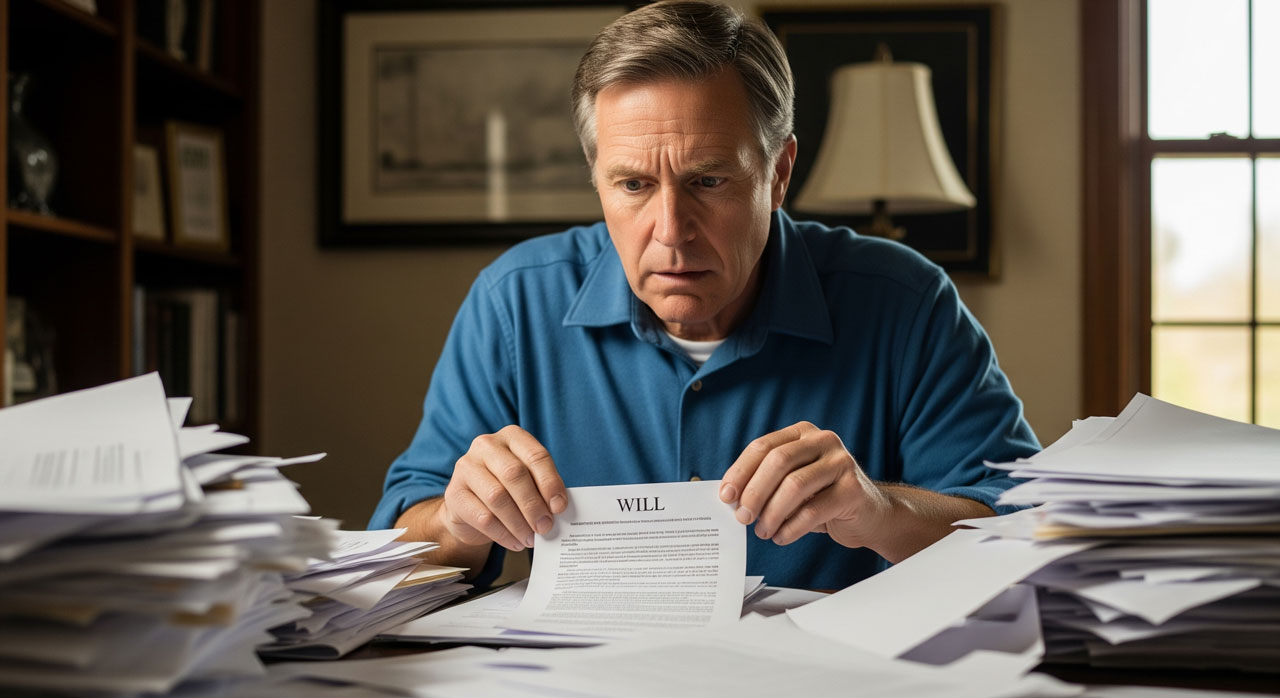 A man in a blue shirt sits at a cluttered desk, looking concerned as he reads a document labeled "WILL" among stacks of papers in a home office.