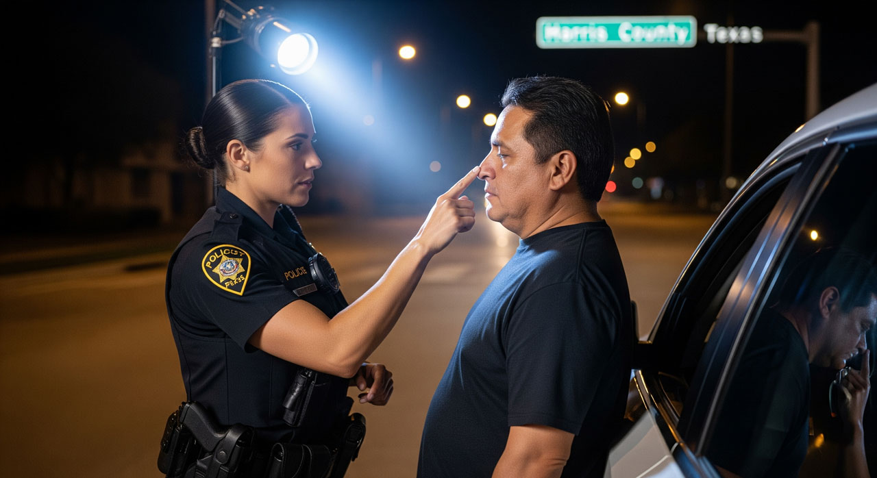 A police officer conducts a field sobriety test on a man at night, asking him to follow her finger while standing next to a car under streetlights, with a Texas highway sign visible in the background.