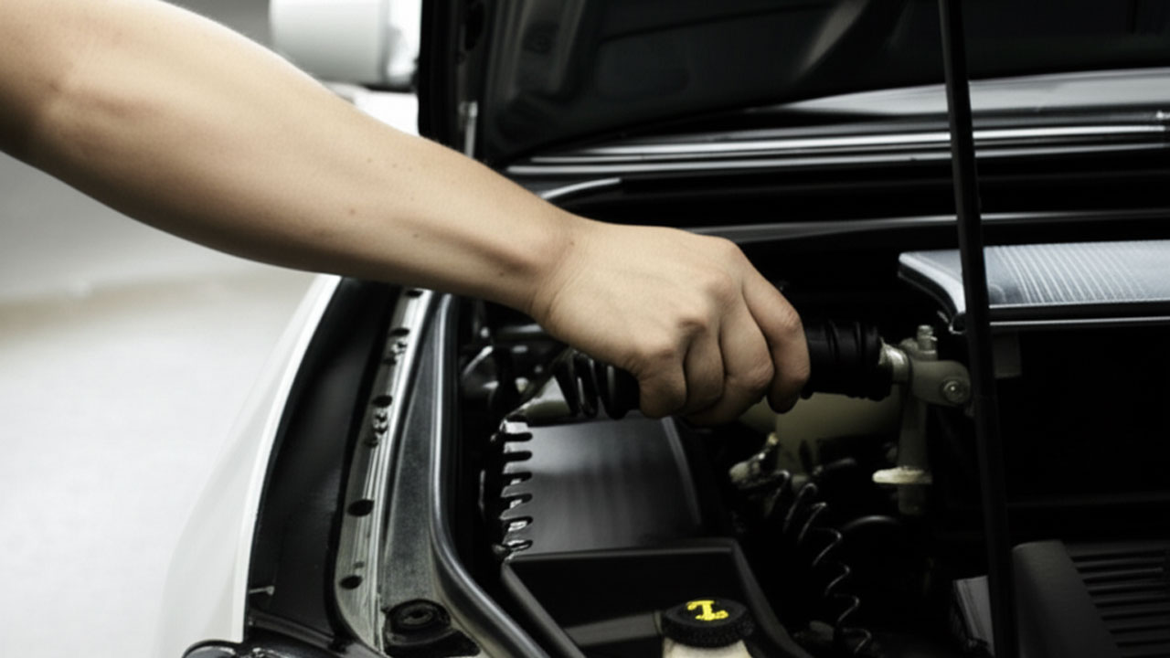 A person’s hand is gripping a black engine component under the hood of a car, inspecting or performing maintenance on the vehicle. The car’s engine bay and various parts are visible.