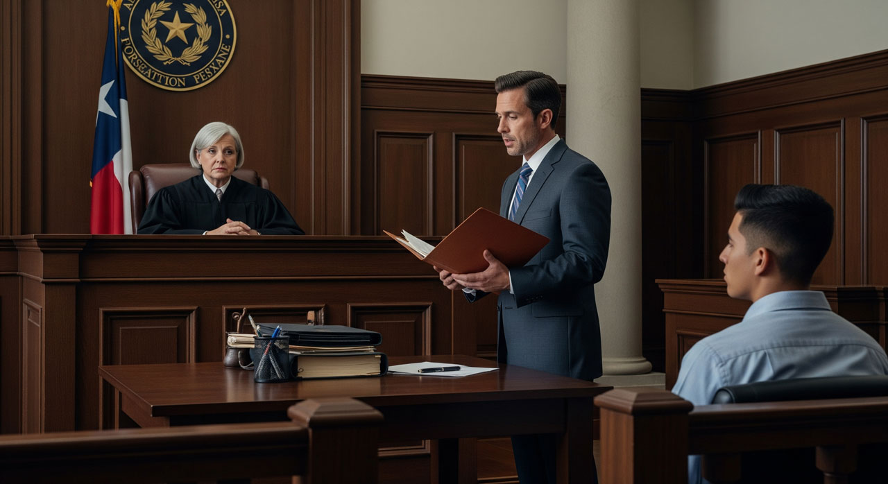 A lawyer speaks while holding a folder in a courtroom. A judge listens from the bench, and a young man sits at a table. Legal books and documents are on the table, and a Texas state seal is visible on the wall.
