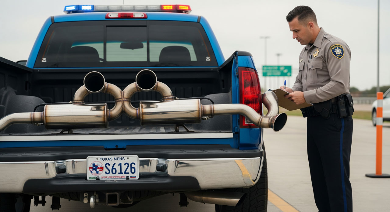 A police officer stands next to a blue pickup truck with an oversized exhaust system in the bed, writing a ticket. The truck has a Texas license plate, and traffic cones are visible in the background.