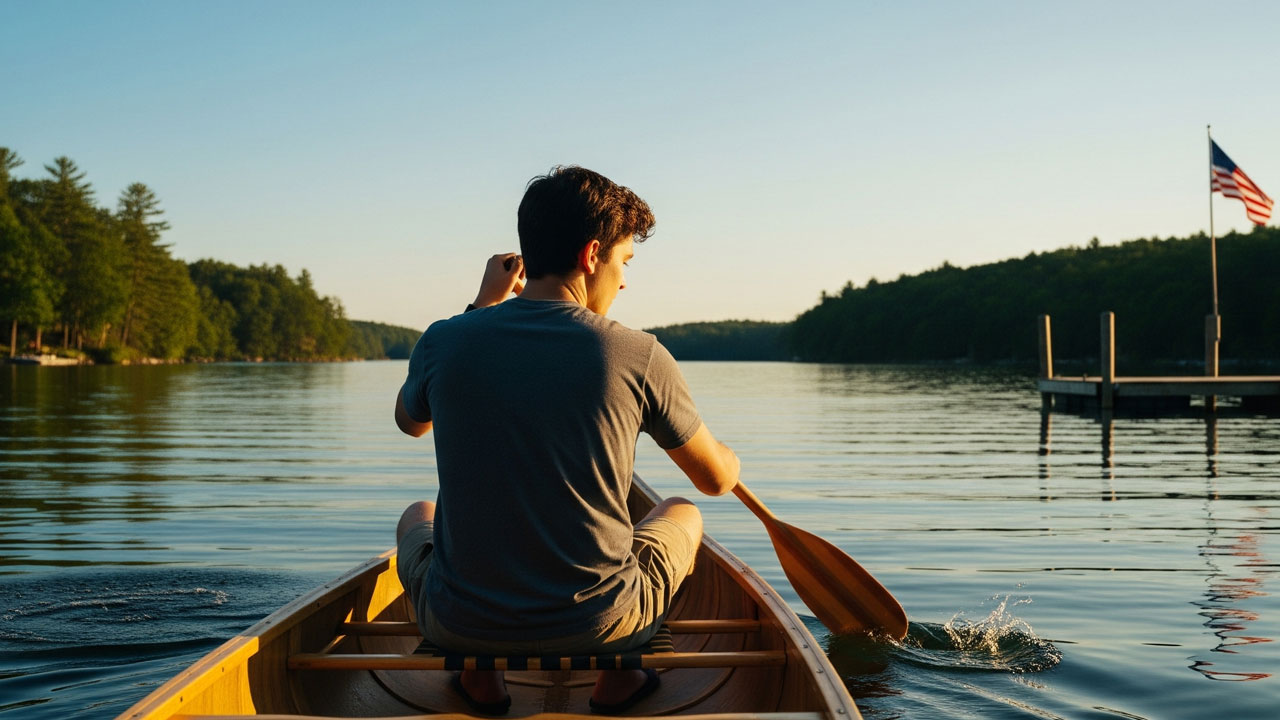 A person paddles a canoe on a calm lake at sunset, surrounded by trees. An American flag is visible on a dock in the distance.