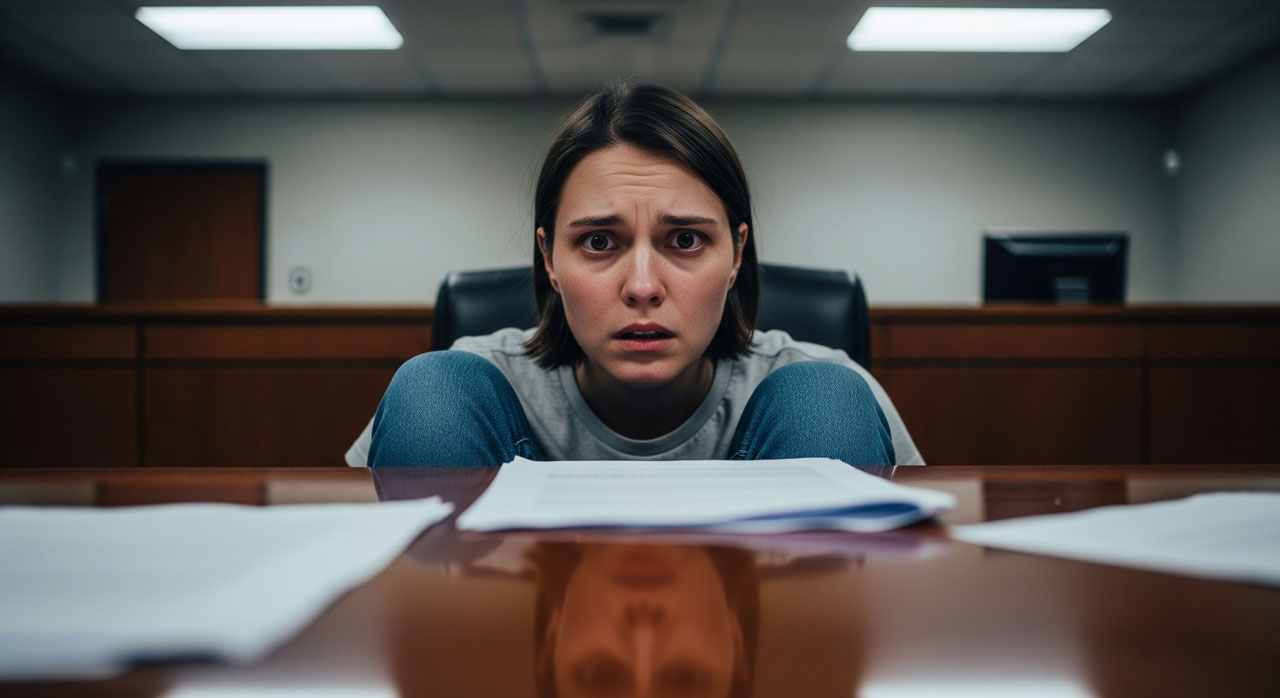 A young woman sits at a desk in a formal office or courtroom, looking anxious and concerned, with documents spread out in front of her. The lighting is bright and the atmosphere is tense.