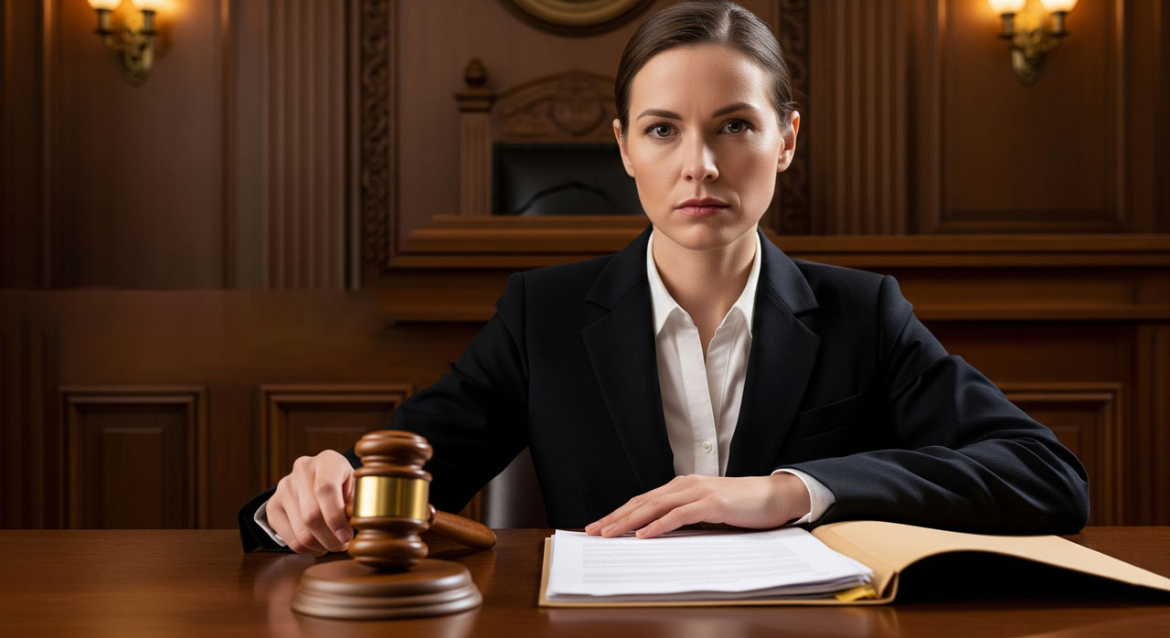 A serious-looking woman in a suit sits at a judge’s bench in a courtroom, holding a gavel with an open legal document in front of her. The background shows wood paneling and warm lighting.