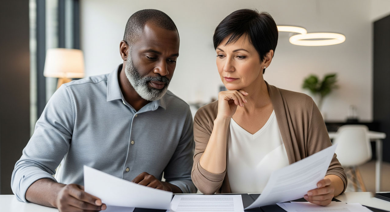 A man and woman sit at a table, closely reviewing documents together. They look focused and serious, with papers in their hands, in a modern, well-lit office or home setting.