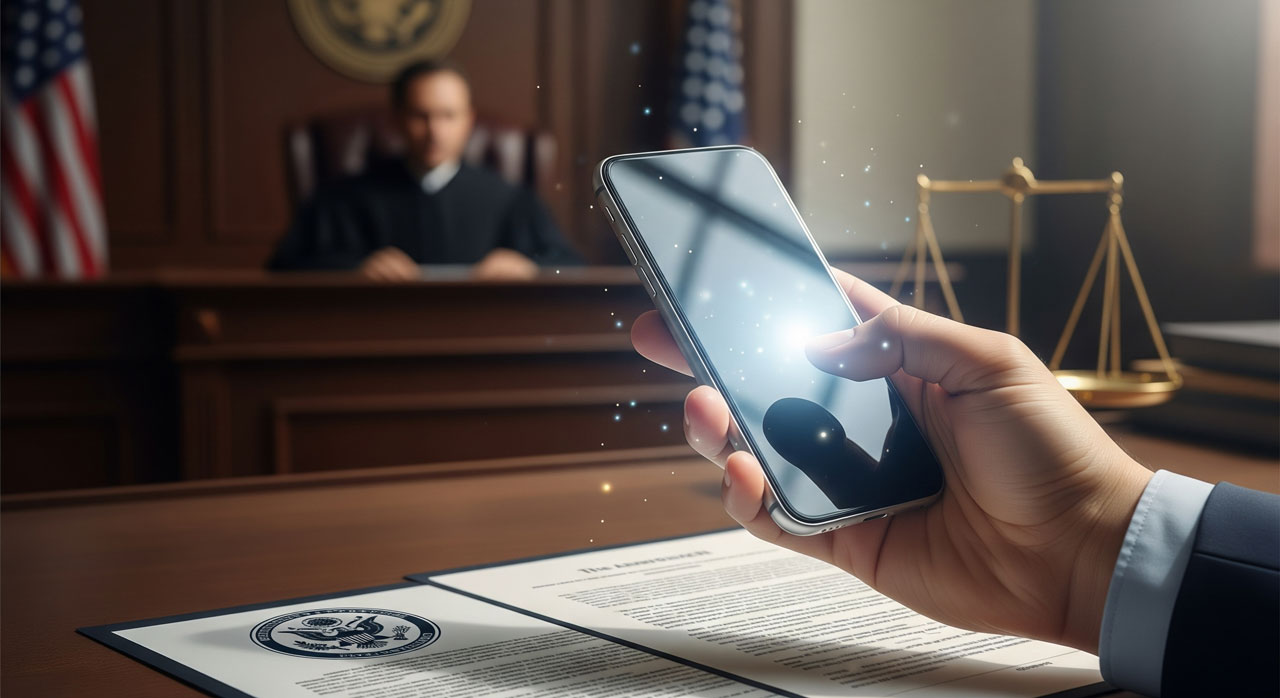 A hand holding a smartphone with glowing effects in a courtroom, a judge blurred in the background, and legal documents and scales of justice visible on the desk.