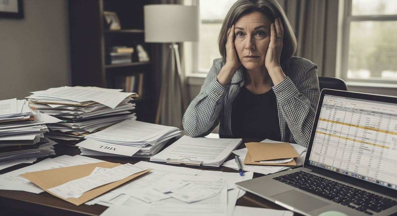 A woman sits at a cluttered desk with paperwork, folders, and a laptop displaying a spreadsheet. She looks stressed, resting her head in her hands, suggesting she is overwhelmed by work or financial tasks.
