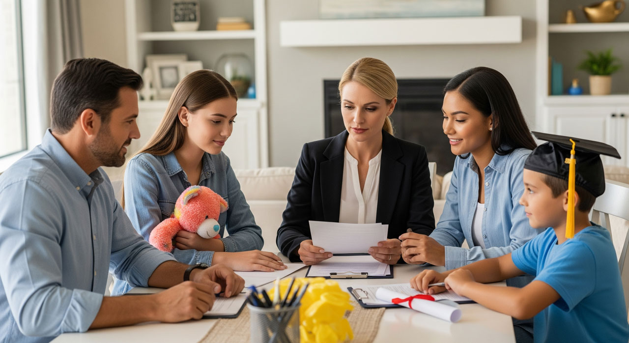 A group of adults and children sit around a table, discussing documents. One girl holds a stuffed animal, and a boy wears a graduation cap. The setting appears to be a home, with shelves and a fireplace in the background.