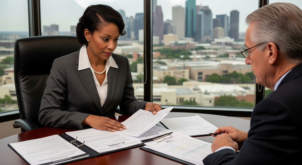 A woman in business attire reviews documents with an older man at a conference table in an office with large windows overlooking a city skyline. Both are focused on paperwork labeled "Audit.