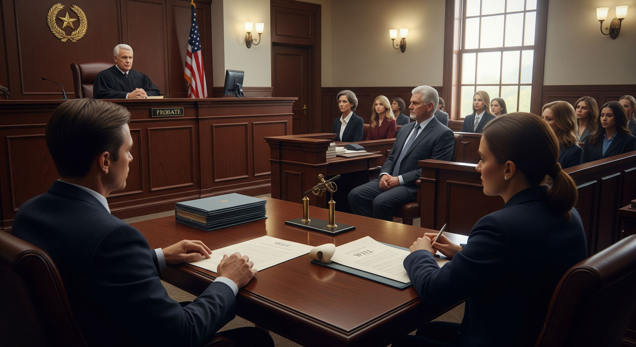 A courtroom scene shows a judge presiding over a probate case, with attorneys seated at a table reviewing documents labeled “Will.” Observers and officials are present, and an American flag is displayed behind the judge.