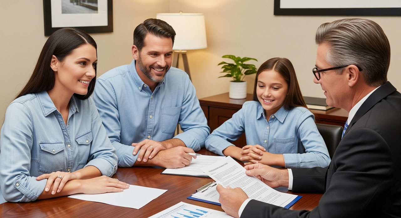 A family of three, dressed in business-casual attire, sits at a desk across from a man in a suit who is showing them documents. They appear to be in an office, discussing paperwork together.