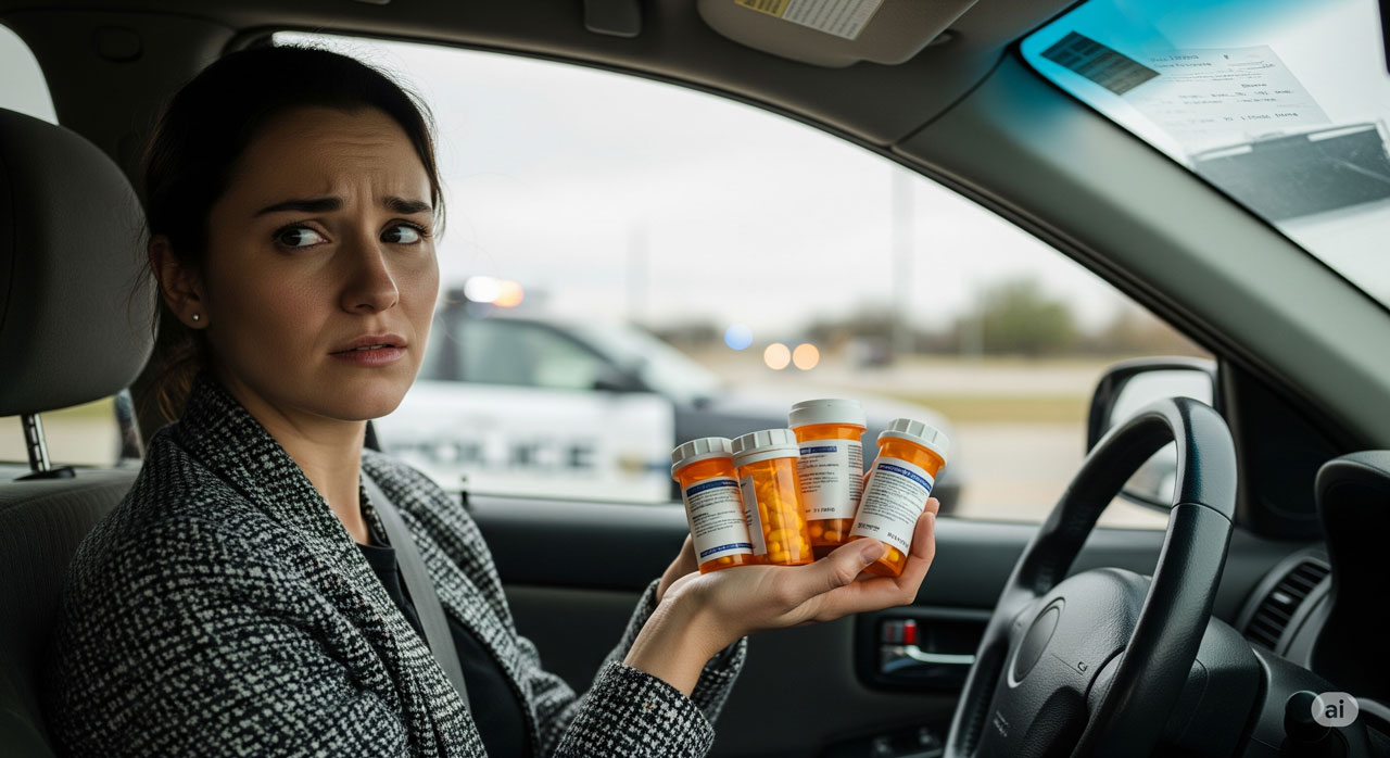 A concerned woman sitting in a car holds several prescription pill bottles, while a police car with flashing lights is visible outside her window.