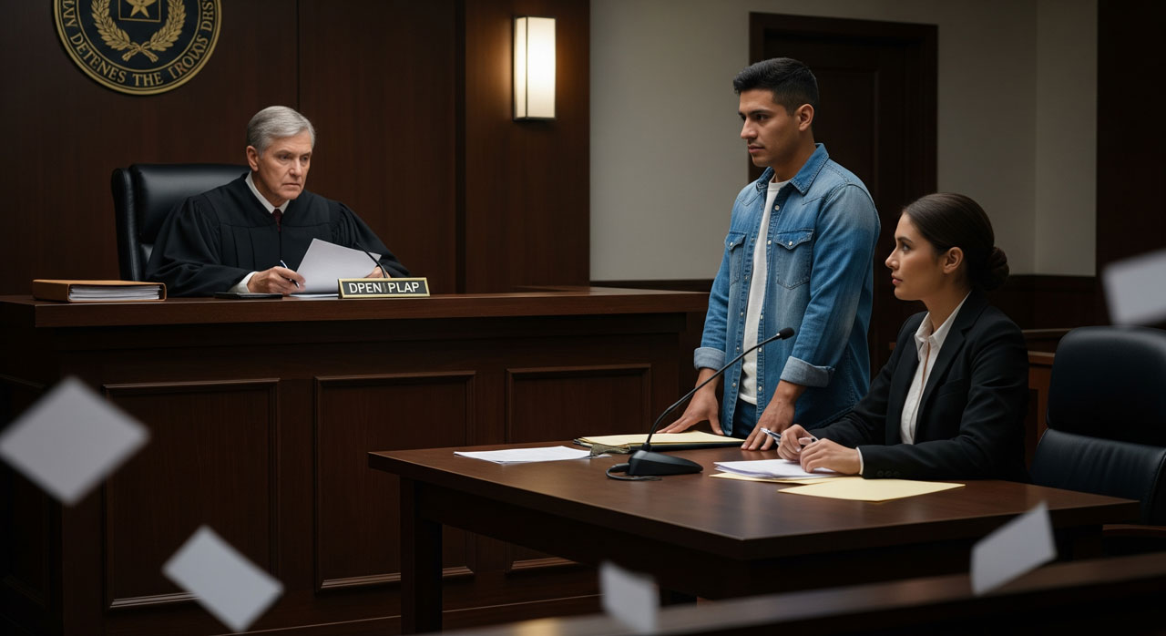A judge sits at the bench in a courtroom, while a young man and his attorney stand before him. Papers are scattered in the air, and the courtroom setting is formal and serious.