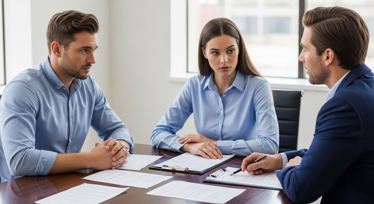 Three people sit at a table in an office, discussing documents. Two, a man and woman, sit side by side, listening attentively to a man in a suit across from them. Papers and a clipboard are spread out on the table.