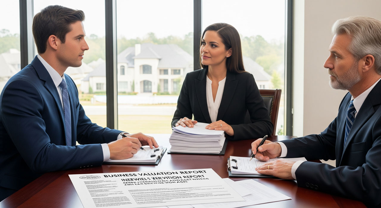 Three business professionals sit around a table in a modern office, discussing documents. A “Business Valuation Report” is visible on the table, and large windows show upscale houses outside.