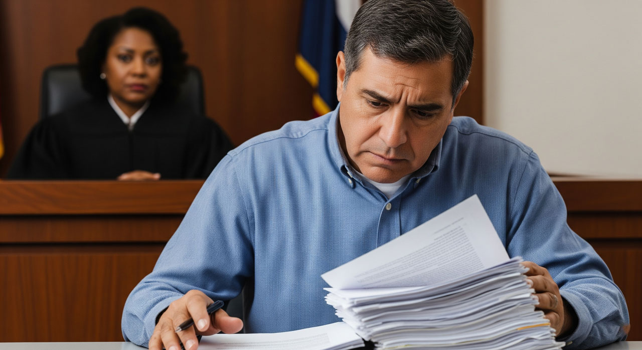 A man sits at a desk in a courtroom, reviewing a large stack of documents, while a judge in a black robe watches from the bench in the background.