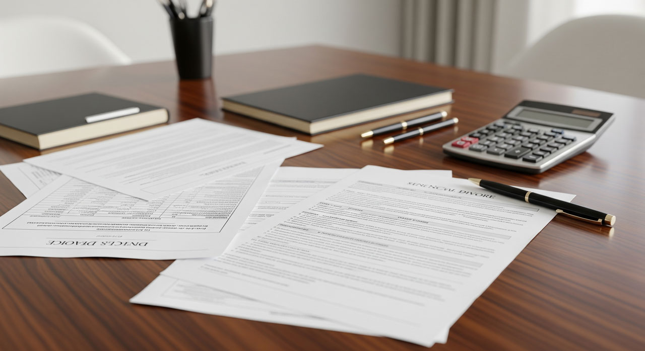 A wooden desk with scattered documents, two black notebooks, three pens, and a calculator, suggesting a work or office environment with paperwork and financial tasks.