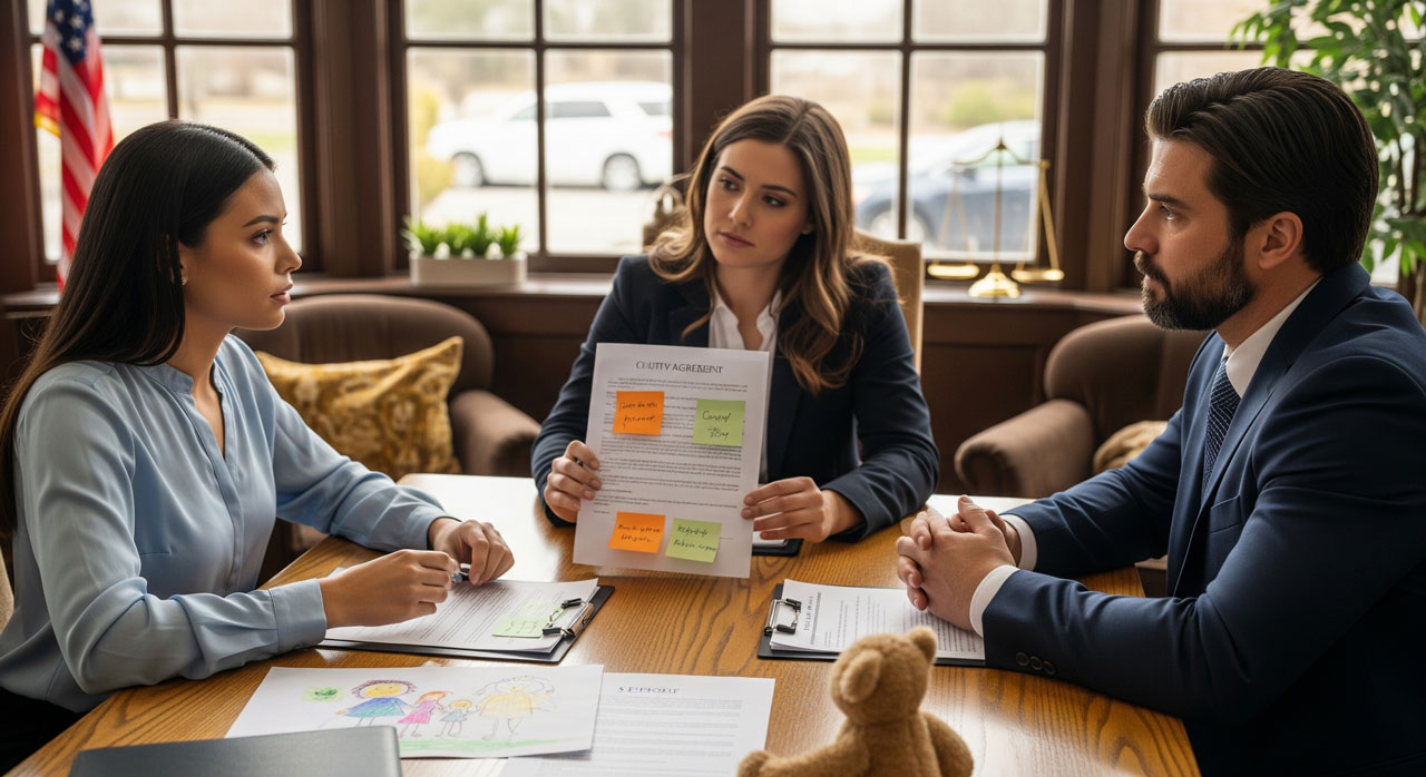 Three adults sit around a table in an office discussing a custody agreement document with colorful sticky notes. Clipboards, a child’s drawing, and a teddy bear are also on the table, suggesting a child-related discussion.