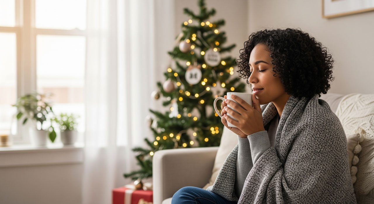 A woman wrapped in a gray blanket sits on a sofa, holding a mug and smiling, with a decorated Christmas tree and wrapped gifts in the background. Soft daylight fills the cozy living room.