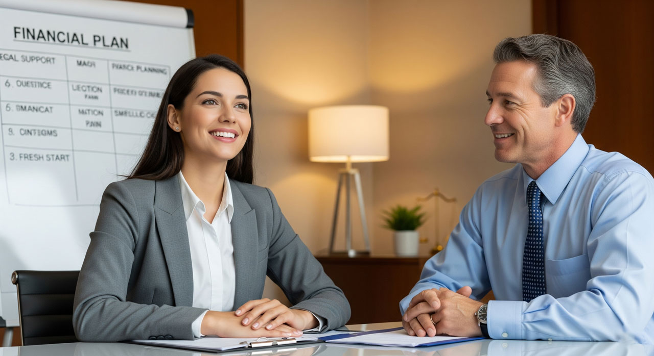 Two business professionals sit at a table discussing documents, smiling. Behind them is a financial plan chart on an easel in a well-lit office with a lamp and shelves in the background.
