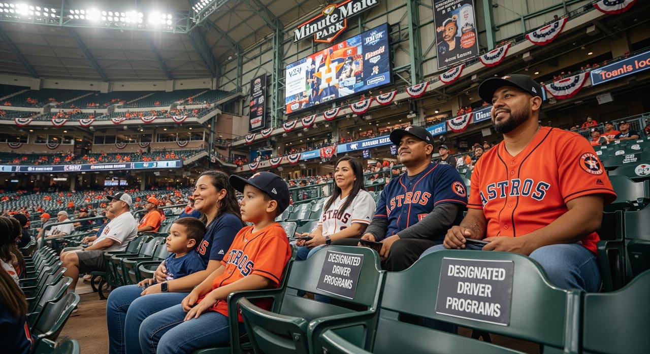 Families wearing Houston Astros gear sit in stadium seats at Minute Maid Park, watching a game. The stadium is decorated with banners, and the scoreboard is visible in the background.