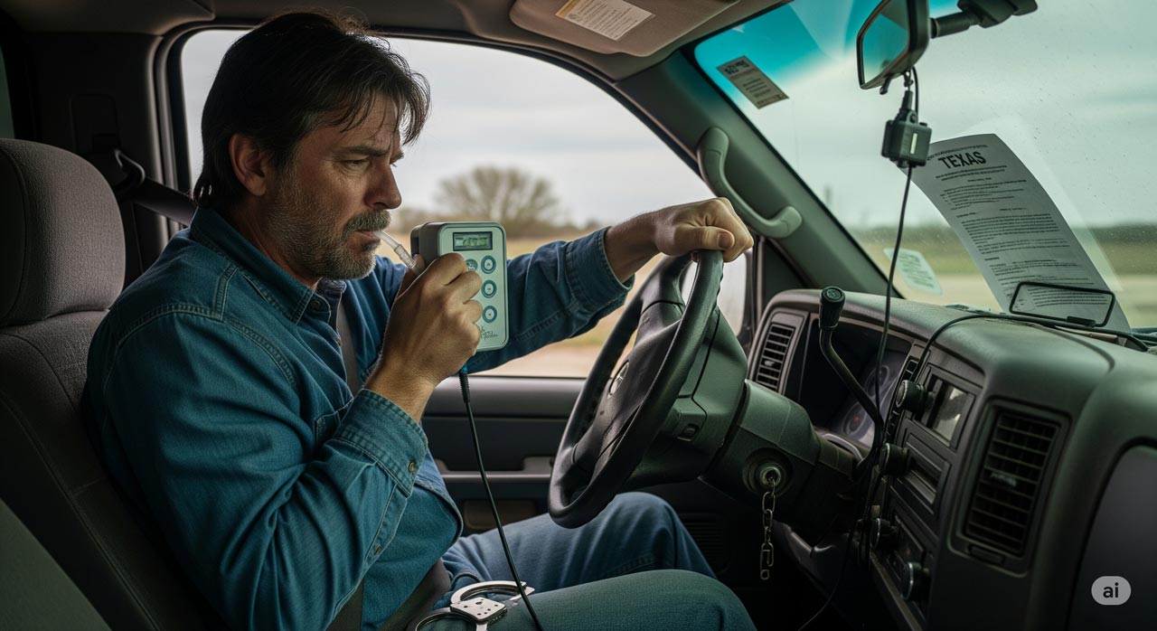 A man sits in the driver's seat of a truck, holding a breathalyzer device to his mouth. He appears to be taking a breath test before starting the vehicle. A Texas document hangs from the rearview mirror.