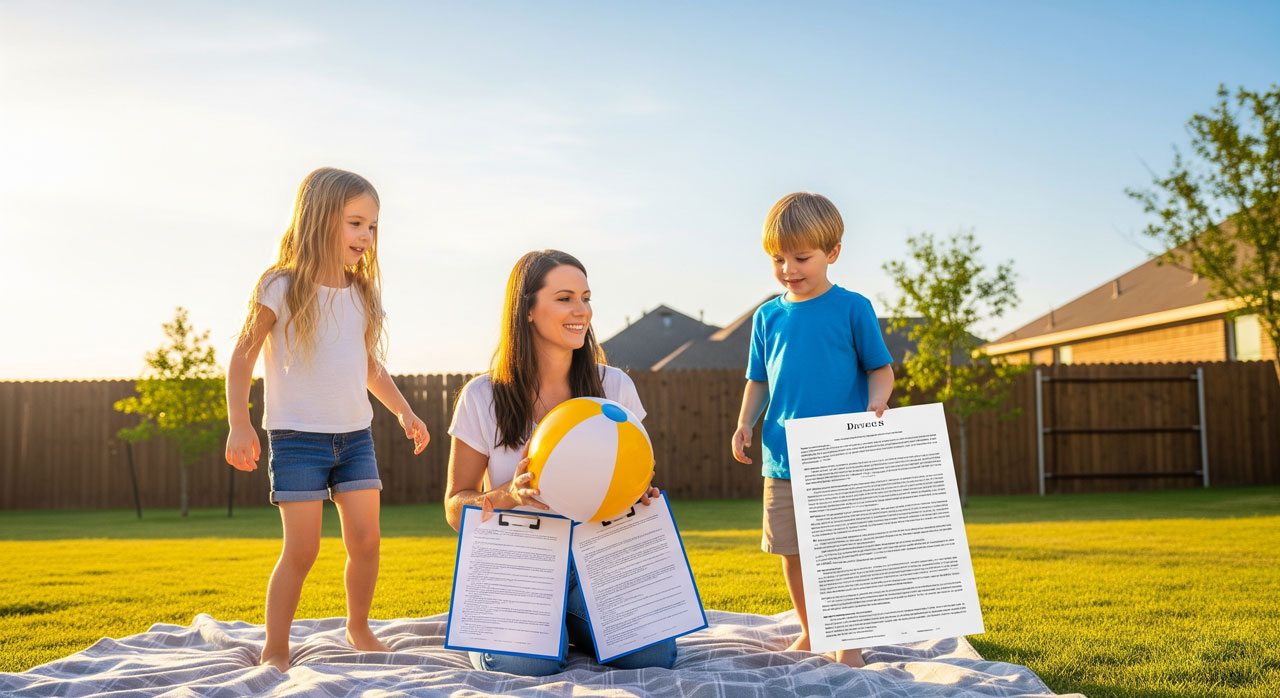 A woman and two children sit on a blanket in a sunny backyard, holding a beach ball. Oversized clipboards and documents are digitally edited into the scene, making the paperwork appear unusually large.
