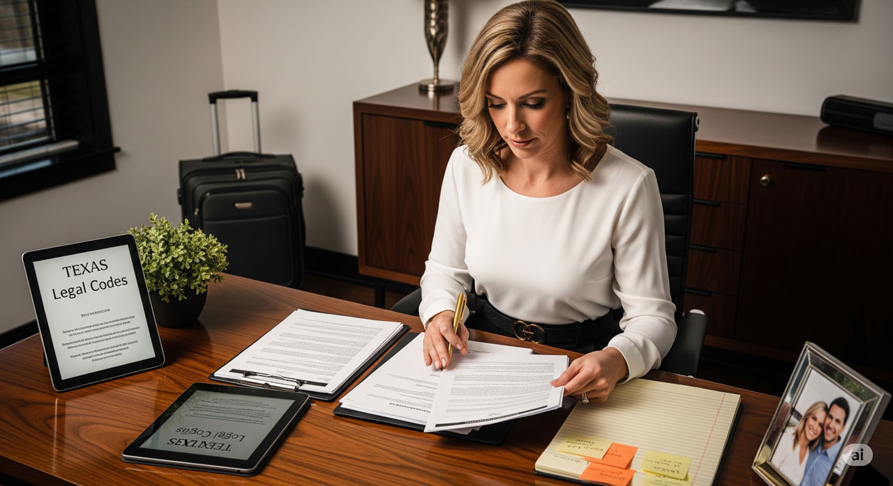 A woman in business attire sits at a desk reviewing legal documents, with a digital tablet displaying "TEXAS Legal Codes," a notepad, paperwork, and a suitcase nearby in a modern office setting.