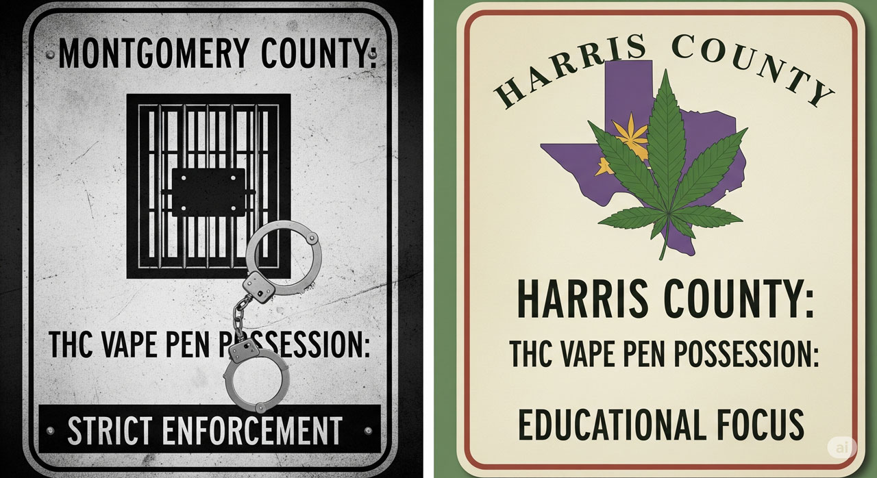 Side-by-side signs: left, Montgomery County with jail bars and handcuffs reads "THC Vape Pen Possession: Strict Enforcement"; right, Harris County shows Texas outline and cannabis leaf, reads "THC Vape Pen Possession: Educational Focus.