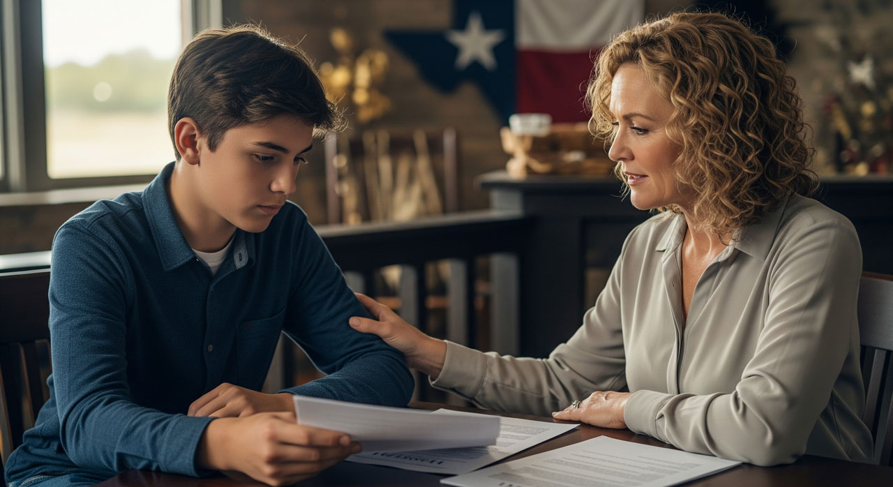 A woman sits at a table comforting a teenage boy who looks down at documents in his hands. They are indoors, with papers on the table and a Texas flag visible in the background.