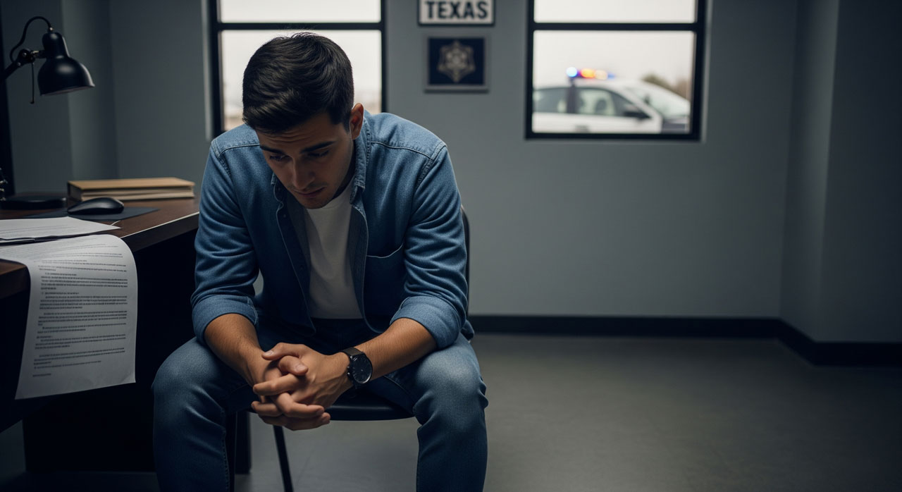 A young man sits in a dimly lit room, leaning forward with hands clasped, looking worried. Papers are on the desk beside him, and a police car with flashing lights is visible outside the window.