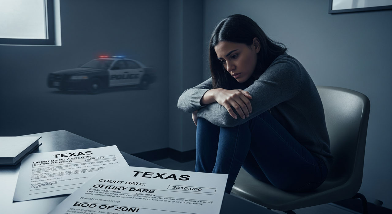 A woman sits alone in a dimly lit room, looking distressed with her knees pulled to her chest. On the table are Texas legal documents and fines. A police car is visible through the window.