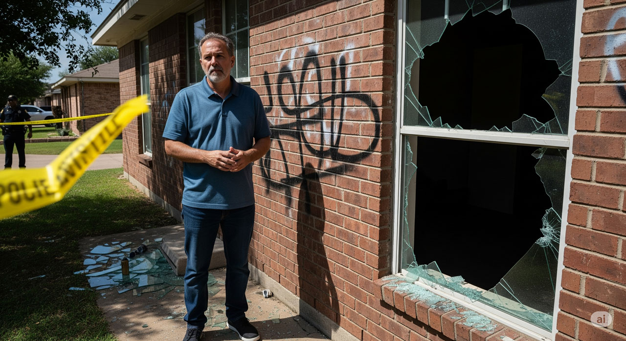 A man stands outside a brick house with a broken window and graffiti on the wall. Police tape and shattered glass are on the ground, with a police officer in the background.
