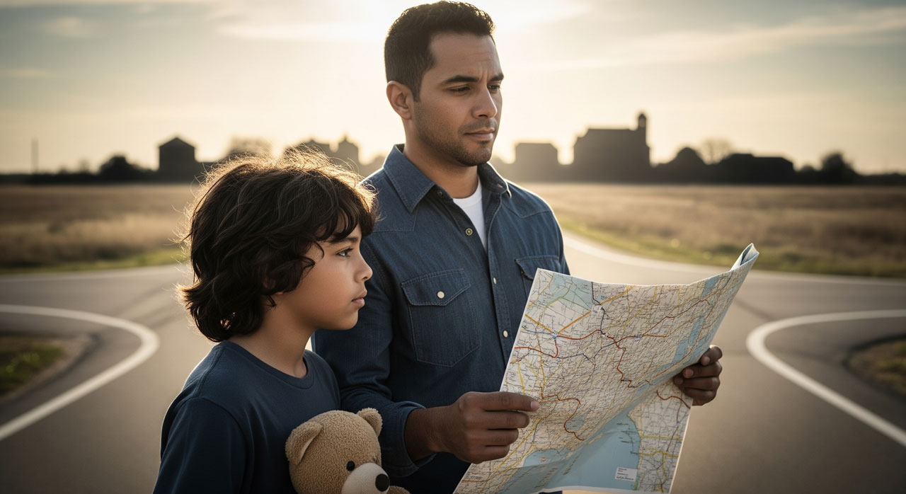 A man and a child holding a teddy bear stand at a fork in a rural road, looking at a map. The scene is set at sunset with silhouettes of buildings in the background.