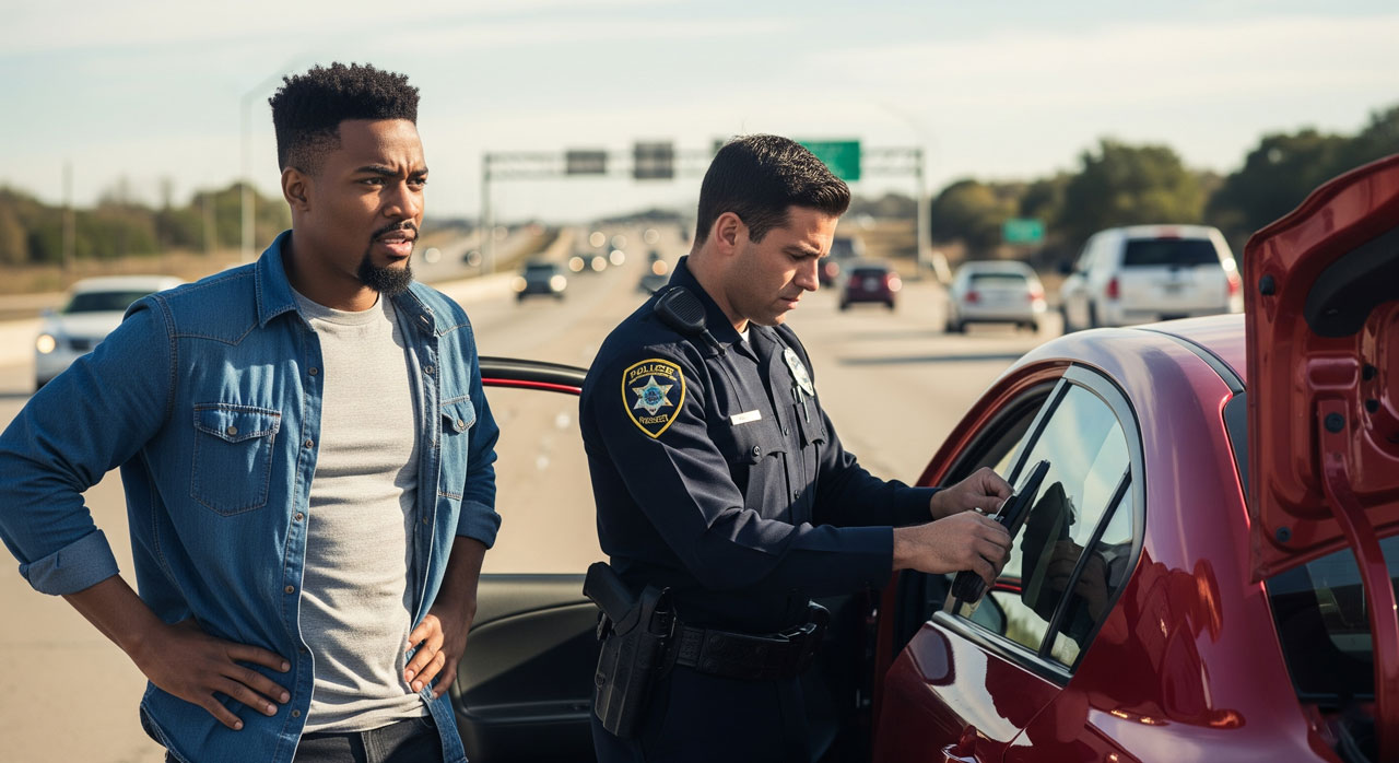 A police officer stands next to a red car on the side of a highway, writing a ticket, while a man stands nearby with his hands on his hips, looking concerned. Other cars drive past in the background.