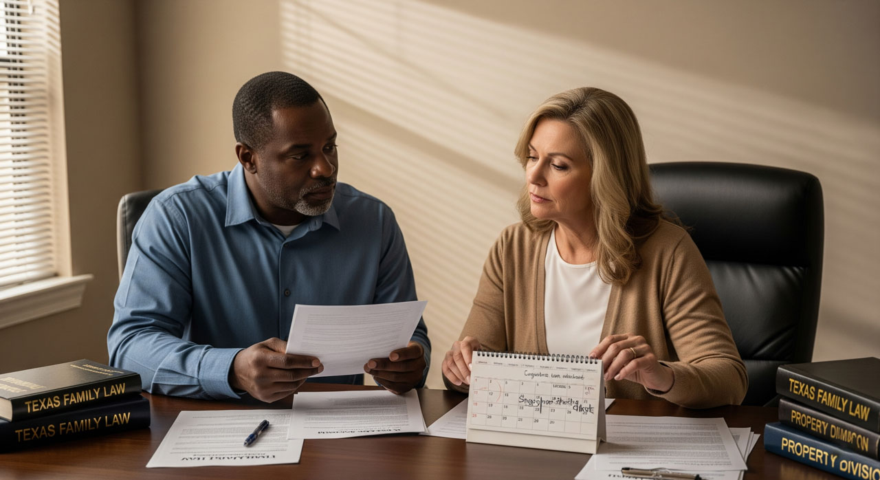 A man and a woman sit at a desk reviewing papers together. The woman holds a small standing calendar, and law books labeled "Texas Family Law" and "Property Division" are on the table around them.